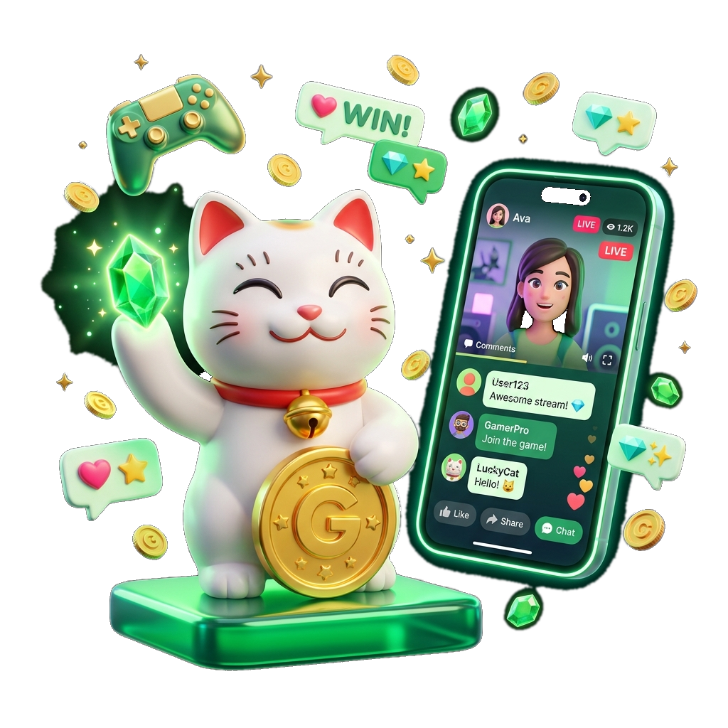 Gemgala 3D Hero Illustration - Lucky Cat, Livestream & Gaming